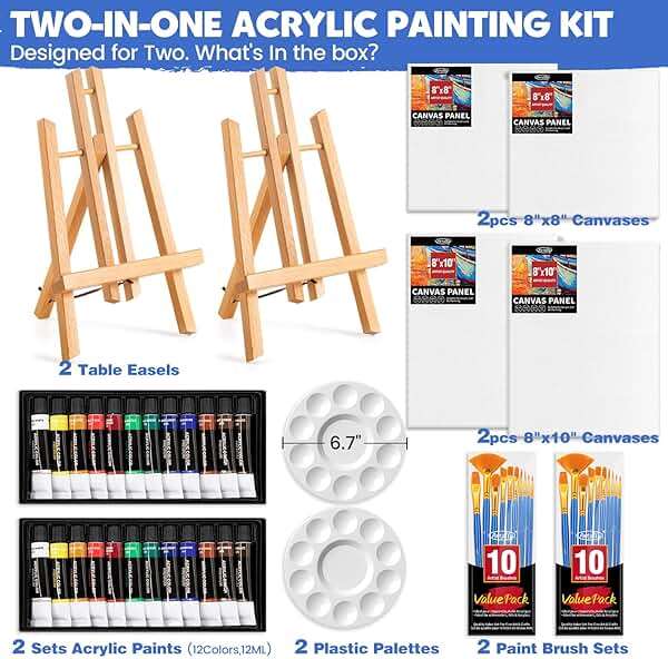 Set of 2 Acrylic Painting Kits for Adults and Couples, Sip and Paint Kit for Date Night, Acrylic Painting Kit with Canvas Boards and Easels, Professional Art Set for Couples, Families, Beginners - Image 3