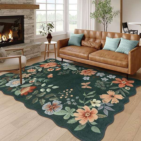 Lahome Floral Washable Living Room Rugs, 5x7 Green Area Rugs for Bedroom ‎‎‎‎Nursery, Ultra-Thin Soft Non-Slip Stain Resistant Boho Throw Carpet for Dining Room Office Flore, Dark Green - Image 1
