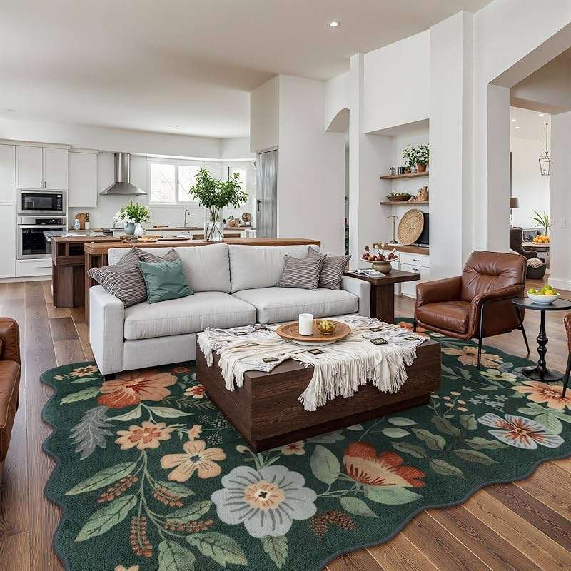 Lahome Floral Washable Living Room Rugs, 5x7 Green Area Rugs for Bedroom ‎‎‎‎Nursery, Ultra-Thin Soft Non-Slip Stain Resistant Boho Throw Carpet for Dining Room Office Flore, Dark Green - Image 2