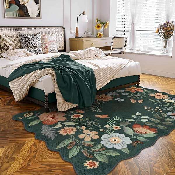 Lahome Floral Washable Living Room Rugs, 5x7 Green Area Rugs for Bedroom ‎‎‎‎Nursery, Ultra-Thin Soft Non-Slip Stain Resistant Boho Throw Carpet for Dining Room Office Flore, Dark Green - Image 3