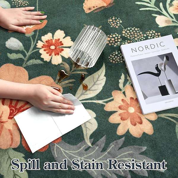 Lahome Floral Washable Living Room Rugs, 5x7 Green Area Rugs for Bedroom ‎‎‎‎Nursery, Ultra-Thin Soft Non-Slip Stain Resistant Boho Throw Carpet for Dining Room Office Flore, Dark Green - Image 6