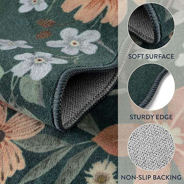 Lahome Floral Washable Living Room Rugs, 5x7 Green Area Rugs for Bedroom ‎‎‎‎Nursery, Ultra-Thin Soft Non-Slip Stain Resistant Boho Throw Carpet for Dining Room Office Flore, Dark Green - Image 7