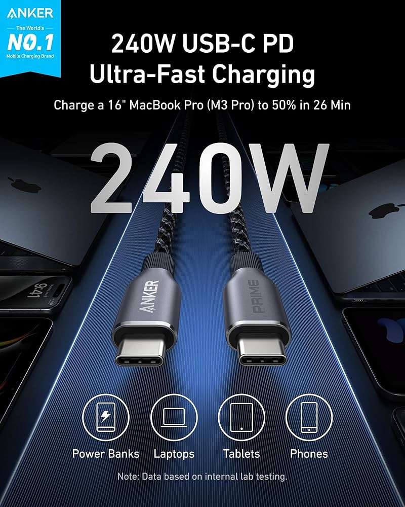Anker Prime USB C to USB C Cable, 240W 6 ft &Anker Prime Charging Station, 240W Max 8-in-1 USB C Power Strip - Image 6