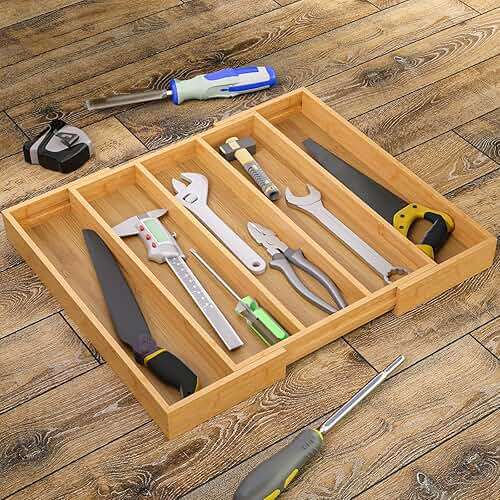 Fibogollo Expandable Kitchen Drawer Organizer,Bamboo Silverware Organizer,Adjustable Flatware Tray for Utensils(16.92 * 13.30~22.83 * 1.96) - Image 2