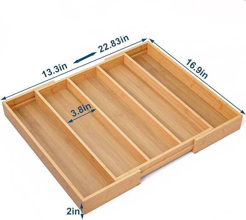 Fibogollo Expandable Kitchen Drawer Organizer,Bamboo Silverware Organizer,Adjustable Flatware Tray for Utensils(16.92 * 13.30~22.83 * 1.96) - Image 3