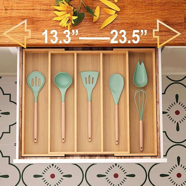 Fibogollo Expandable Kitchen Drawer Organizer,Bamboo Silverware Organizer,Adjustable Flatware Tray for Utensils(16.92 * 13.30~22.83 * 1.96) - Image 4