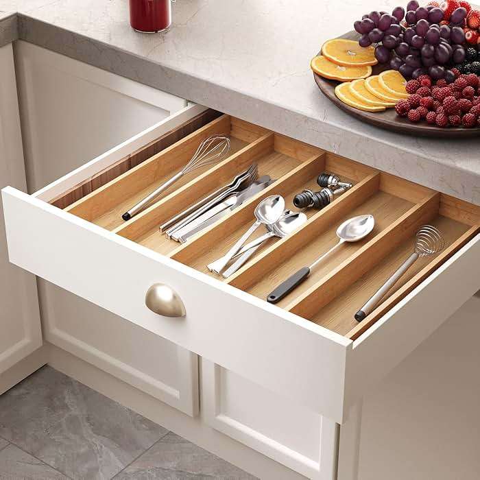 Fibogollo Expandable Kitchen Drawer Organizer,Bamboo Silverware Organizer,Adjustable Flatware Tray for Utensils(16.92 * 13.30~22.83 * 1.96) - Image 5