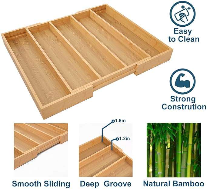 Fibogollo Expandable Kitchen Drawer Organizer,Bamboo Silverware Organizer,Adjustable Flatware Tray for Utensils(16.92 * 13.30~22.83 * 1.96) - Image 6