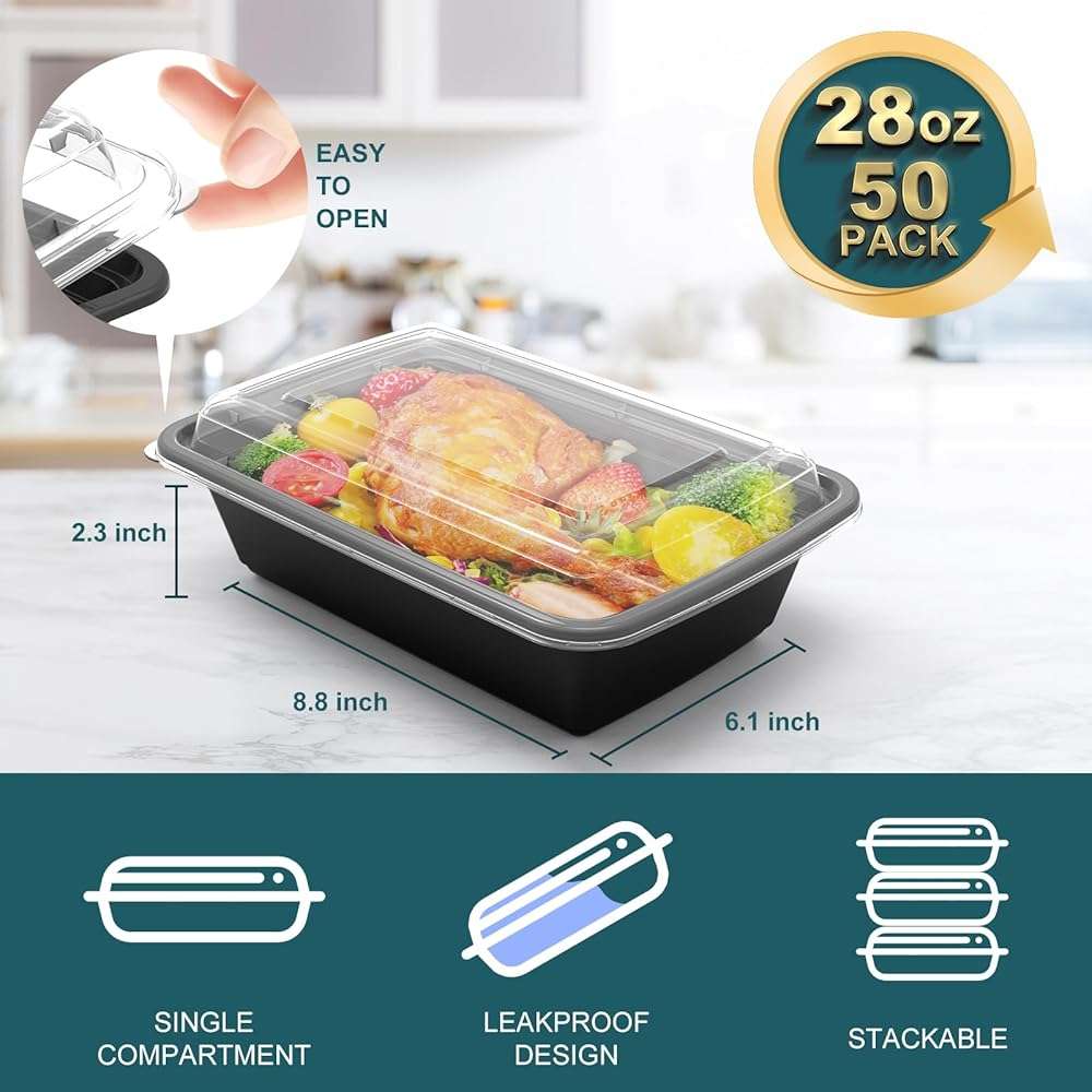 WGCC Meal Prep Containers - 50Pack 28OZ Food Containers With Lids, Disposable To Go, Stackable, Leakproof & Food Safe, Microwave, Freezer, Dishwasher Safe - Image 3