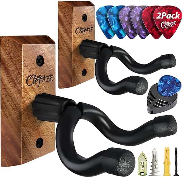 ClefArc Guitar Wall Mount 2 Pack - U-Shape Guitar Wall Hangers, Guitar Stand Wall, Black Walnut Guitar Hanger, Pick Holder, Gifts for Guitarists, with 6 Assorted Guitar Picks - Image 1