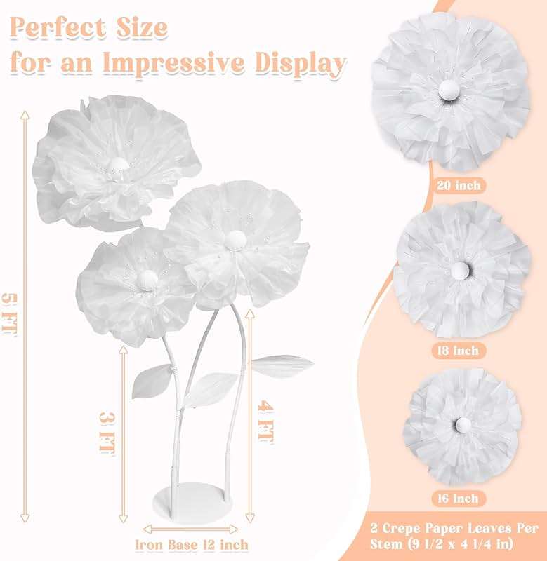 Rainbows & Lilies Giant Standing White Artificial Flowers – 3 Large Organza Flowers with Stems & Stand, Wedding & Party Backdrop Decor for Events, Stage, Store & Home (3ft/4ft/5ft) - Image 3