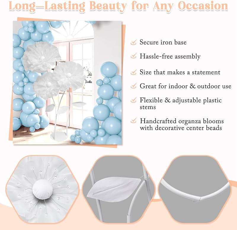 Rainbows & Lilies Giant Standing White Artificial Flowers – 3 Large Organza Flowers with Stems & Stand, Wedding & Party Backdrop Decor for Events, Stage, Store & Home (3ft/4ft/5ft) - Image 4