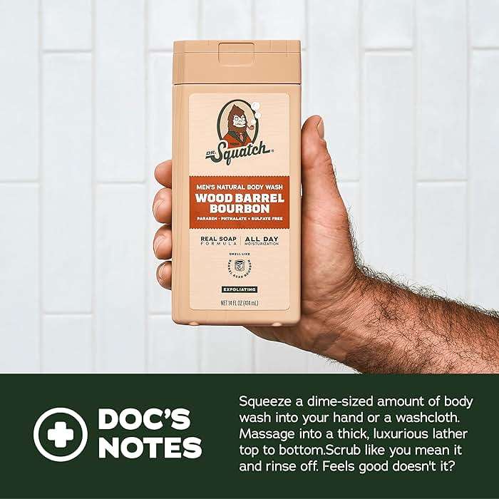 Dr. Squatch Natural Men's Body Wash Shower Gel - Cleansing, Nourishing, Long Lasting Scent, Moisturizing Body Wash for Men - Pine Tar + Wood Barrel Bourbon (14 oz, 2-Pack) - Image 4