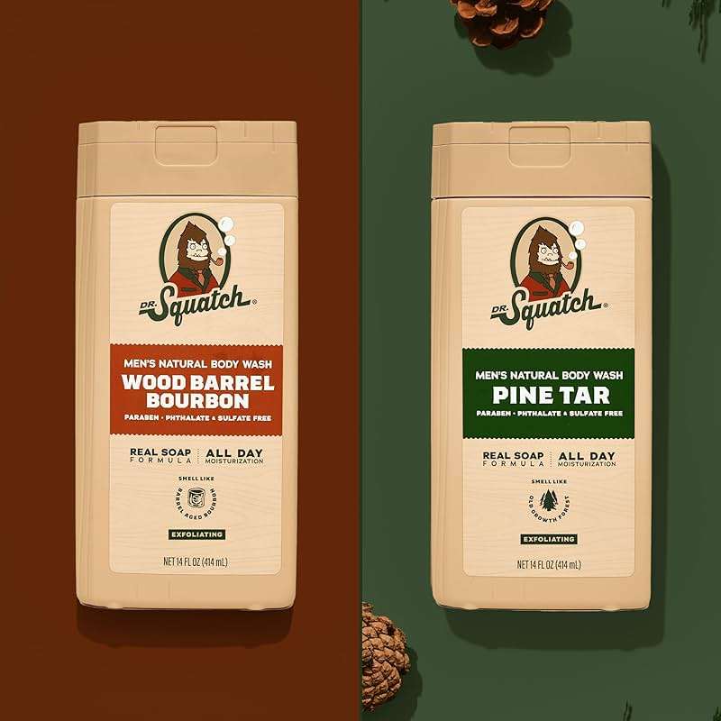 Dr. Squatch Natural Men's Body Wash Shower Gel - Cleansing, Nourishing, Long Lasting Scent, Moisturizing Body Wash for Men - Pine Tar + Wood Barrel Bourbon (14 oz, 2-Pack) - Image 5
