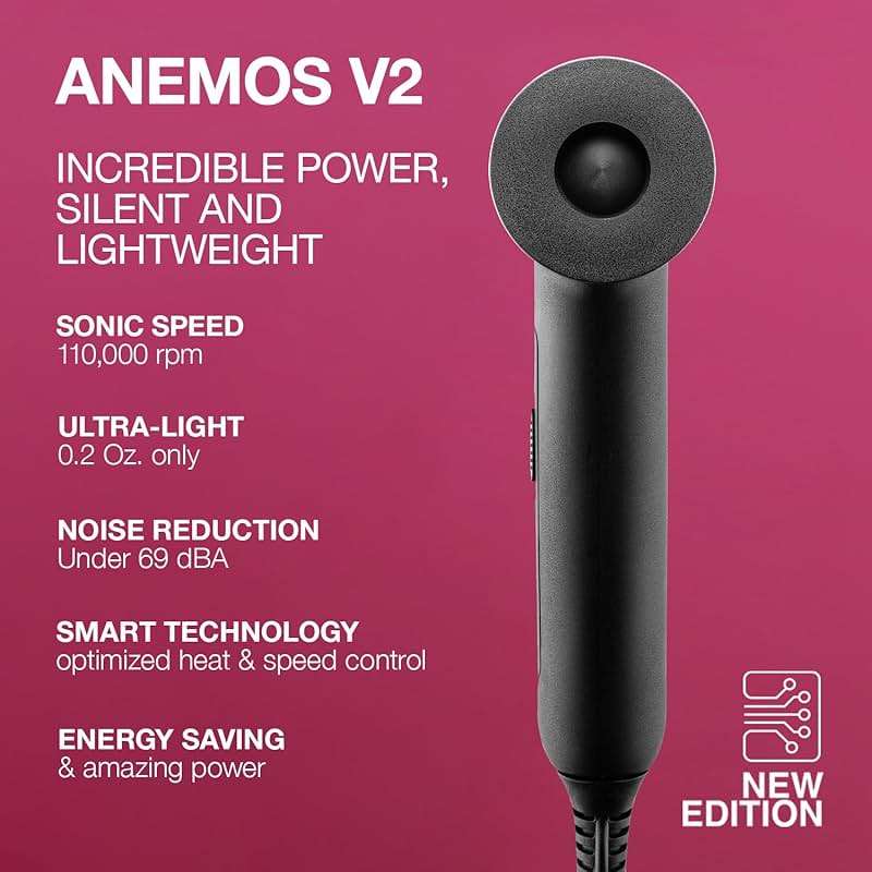 Elchim Anemos V2 Professional Hair Dryer, Ultra Lightweight 10.2 oz Blow Dryer, 110,000 RPM High-Speed Motor, Fast Drying, Ionic Anti-Frizz Technology, 3 Speeds & 4 Heat Settings - Black - Image 2