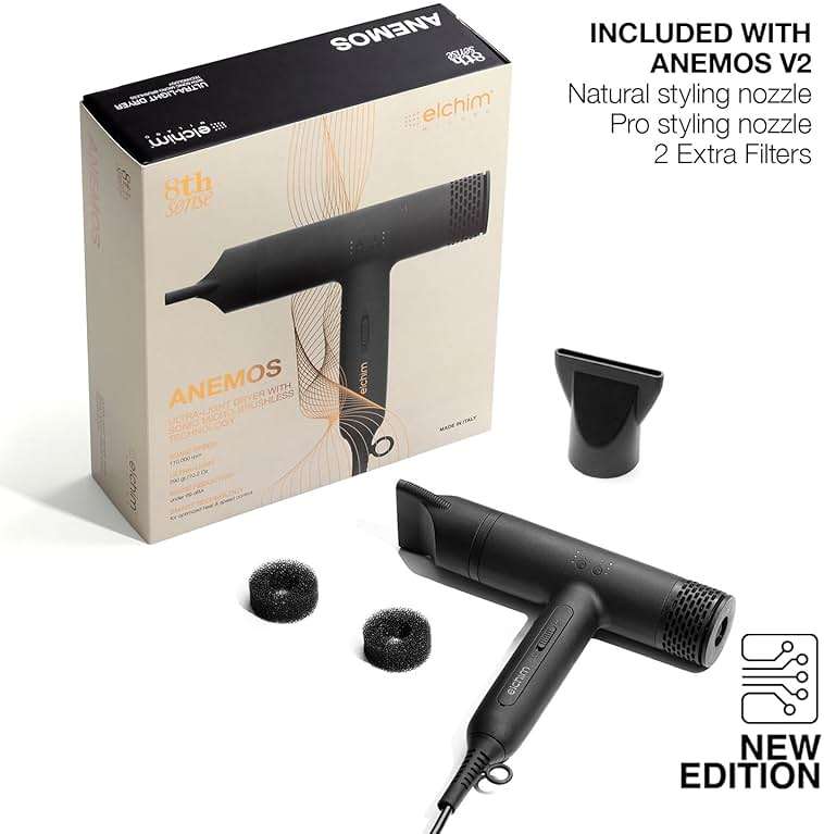 Elchim Anemos V2 Professional Hair Dryer, Ultra Lightweight 10.2 oz Blow Dryer, 110,000 RPM High-Speed Motor, Fast Drying, Ionic Anti-Frizz Technology, 3 Speeds & 4 Heat Settings - Black - Image 6