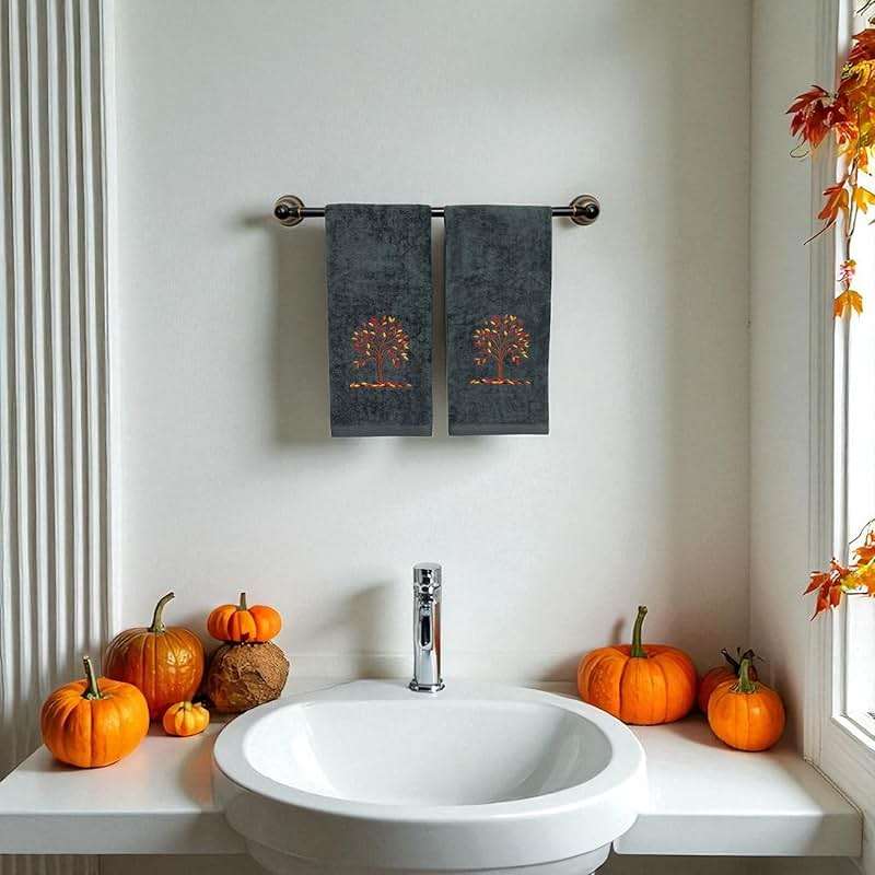 Serafina Home Harvest Fall Bathroom Guest Hand Embroidered Towels 2 Pc Set: Autumn Tree Design Bath Plush Grey Gray Towels, 100% Cotton, 16" x 25" Inches, Oeko-TEX Certified - Image 2