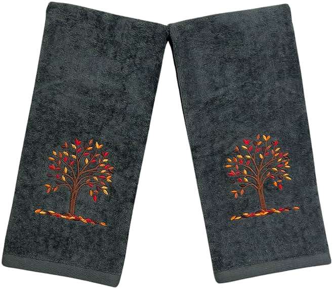 Serafina Home Harvest Fall Bathroom Guest Hand Embroidered Towels 2 Pc Set: Autumn Tree Design Bath Plush Grey Gray Towels, 100% Cotton, 16" x 25" Inches, Oeko-TEX Certified - Image 4