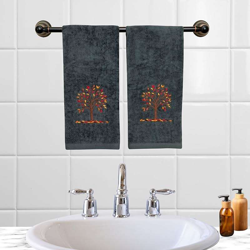 Serafina Home Harvest Fall Bathroom Guest Hand Embroidered Towels 2 Pc Set: Autumn Tree Design Bath Plush Grey Gray Towels, 100% Cotton, 16" x 25" Inches, Oeko-TEX Certified - Image 5