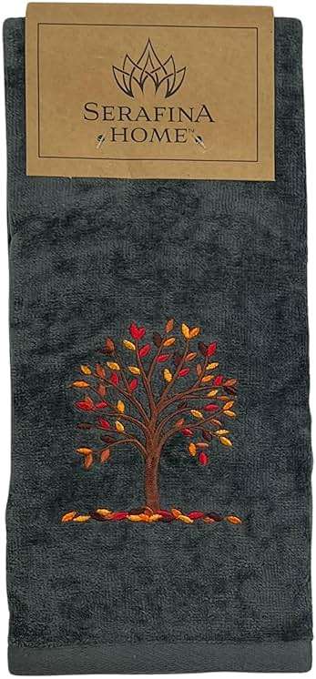 Serafina Home Harvest Fall Bathroom Guest Hand Embroidered Towels 2 Pc Set: Autumn Tree Design Bath Plush Grey Gray Towels, 100% Cotton, 16" x 25" Inches, Oeko-TEX Certified - Image 6