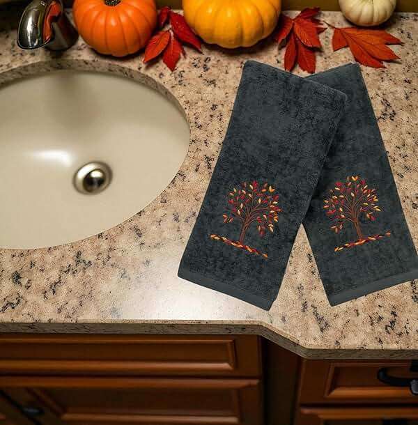 Serafina Home Harvest Fall Bathroom Guest Hand Embroidered Towels 2 Pc Set: Autumn Tree Design Bath Plush Grey Gray Towels, 100% Cotton, 16" x 25" Inches, Oeko-TEX Certified - Image 7