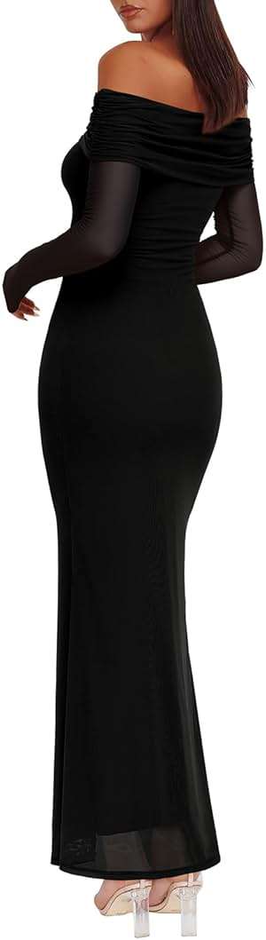 REORIA Women Off Shoulder Long Sleeve Dress Elegant Sexy Stretch Mesh Double Lined Slim Trendy Long Dresses - Image 2