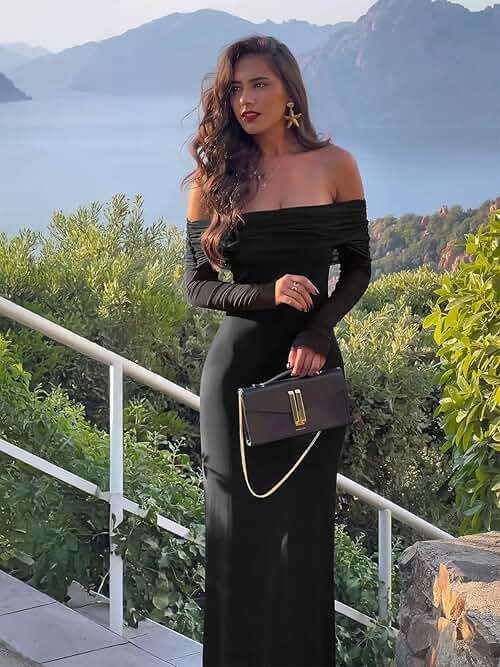 REORIA Women Off Shoulder Long Sleeve Dress Elegant Sexy Stretch Mesh Double Lined Slim Trendy Long Dresses - Image 4
