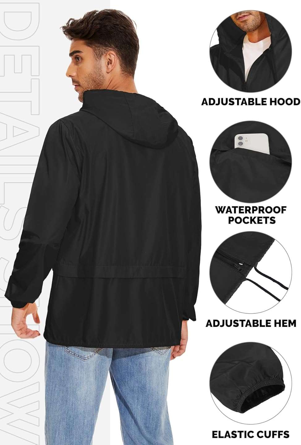 Zando Packable Mens Rain Jacket Lightweight Raincoat Waterproof with Hood Outdoor Windbreaker Jacket Travel Rain Jackets - Image 2