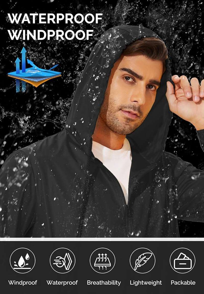 Zando Packable Mens Rain Jacket Lightweight Raincoat Waterproof with Hood Outdoor Windbreaker Jacket Travel Rain Jackets - Image 3
