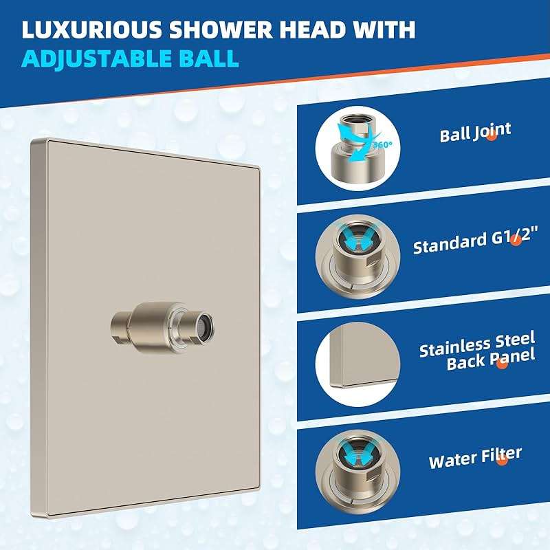 Hibbent cUPC Certified Rain Shower Head, 10'' High Pressure Rainfall Shower Head, Square Bathroom Waterfall Shower Heads, High Flow Fixed Showerheads with Adjustable Brass Ball Joint, Brushed Nickel - Image 6