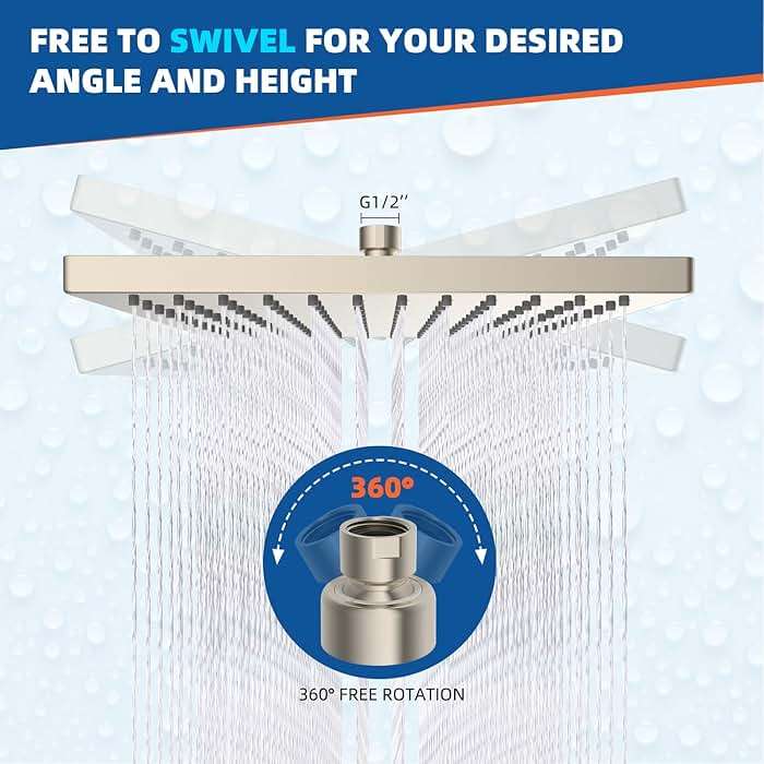 Hibbent cUPC Certified Rain Shower Head, 10'' High Pressure Rainfall Shower Head, Square Bathroom Waterfall Shower Heads, High Flow Fixed Showerheads with Adjustable Brass Ball Joint, Brushed Nickel - Image 7