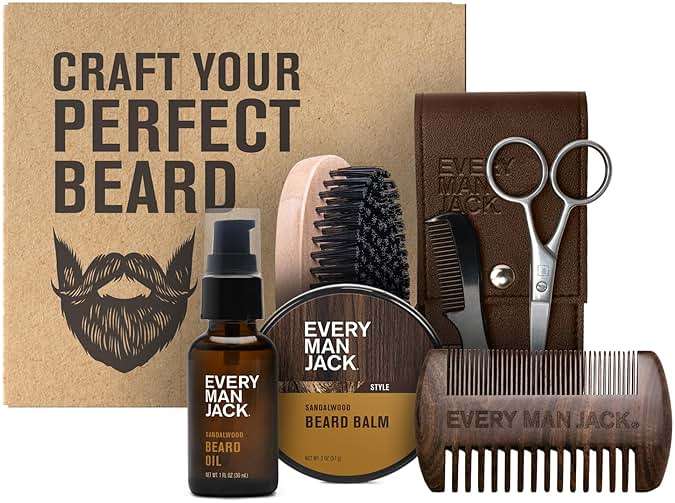 Every Man Jack Beard Care Gift Set for Men – Complete Grooming Kit with Beard Oil, Balm, Brush, Dual-Sided Comb, Trimming Scissors & Mustache Comb - Sandalwood Scent - Image 1