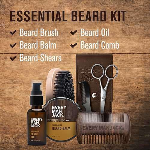 Every Man Jack Beard Care Gift Set for Men – Complete Grooming Kit with Beard Oil, Balm, Brush, Dual-Sided Comb, Trimming Scissors & Mustache Comb - Sandalwood Scent - Image 2