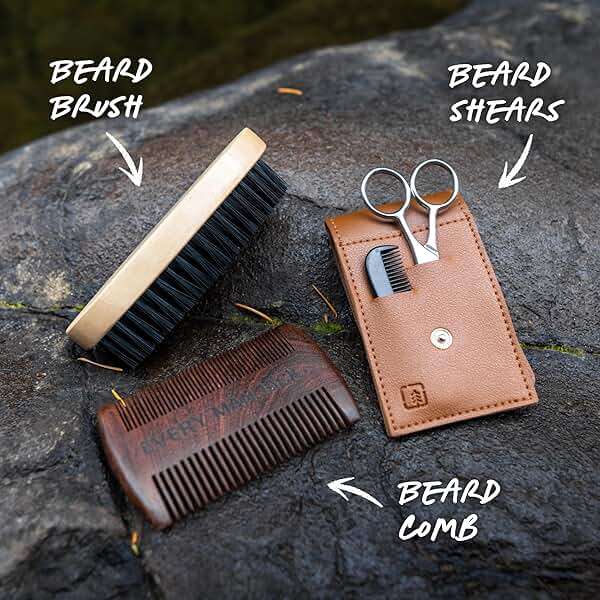 Every Man Jack Beard Care Gift Set for Men – Complete Grooming Kit with Beard Oil, Balm, Brush, Dual-Sided Comb, Trimming Scissors & Mustache Comb - Sandalwood Scent - Image 3