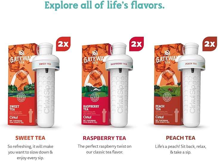 Cirkul Gateway Tea Caffeine Flavor Water Variety Pack, Makes 36 Drinks, No Sugar, Zero Calorie Drink Mix, (2 Sweet, 2 Peach, 2 Raspberry) - Image 3