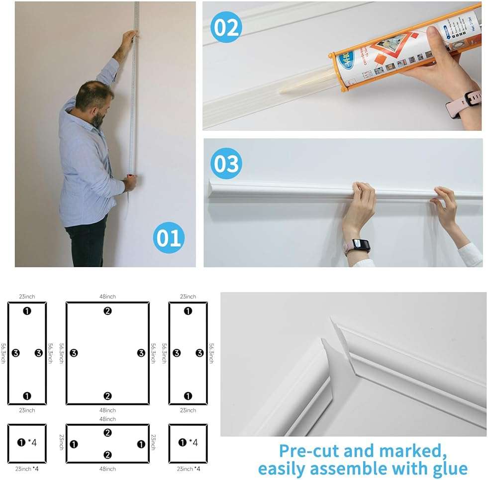Art3d Pre-Cut Wall Molding Set of 6 pcs, Ready-to-Assemble Wainscoting Panels for Interior Wall Décor Living Room Bedroom Accent Wall - Installed with Glue, 3 Top 3 Bottom - Image 6