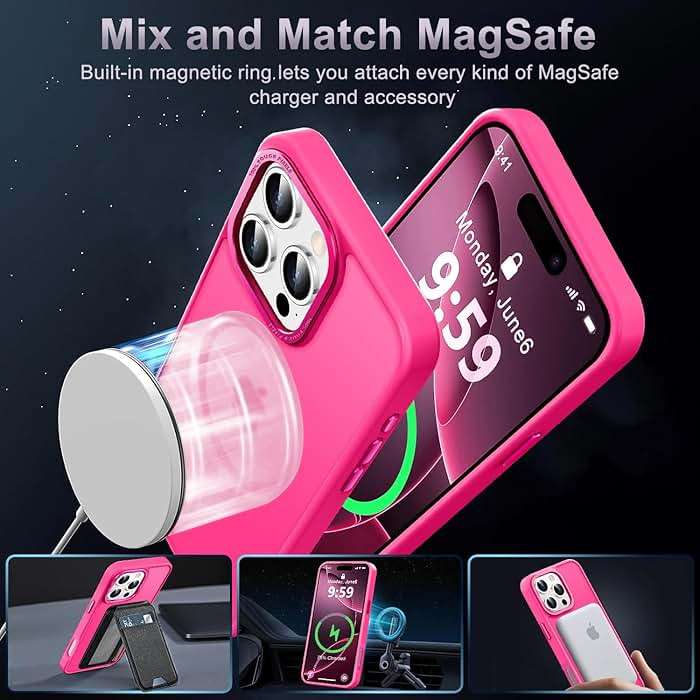 Newfuture Designed for iPhone 16 Pro Max Case with Magnetic [13 FT Military Drop Protection] [Compatible with Magsafe] Slim Translucent Matte Shockproof with Anti-Fingerprint Phone Case, Hot Pink - Image 2