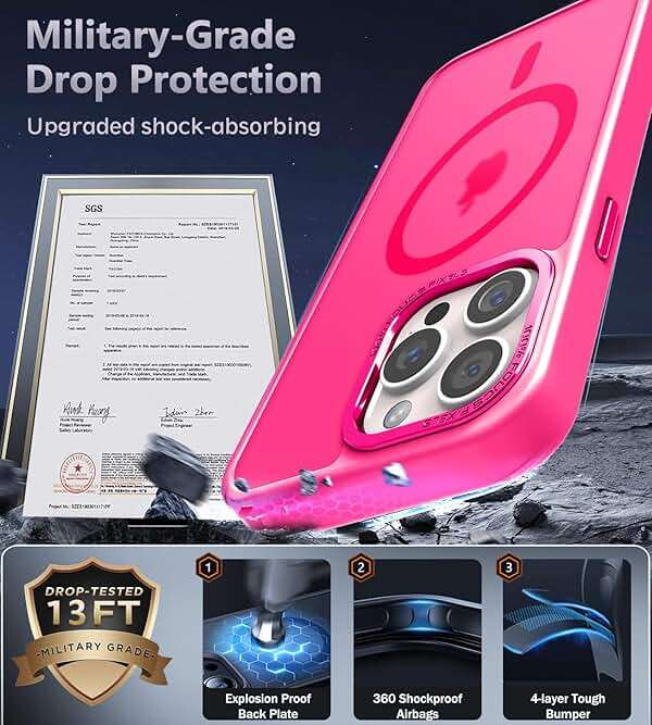 Newfuture Designed for iPhone 16 Pro Max Case with Magnetic [13 FT Military Drop Protection] [Compatible with Magsafe] Slim Translucent Matte Shockproof with Anti-Fingerprint Phone Case, Hot Pink - Image 5
