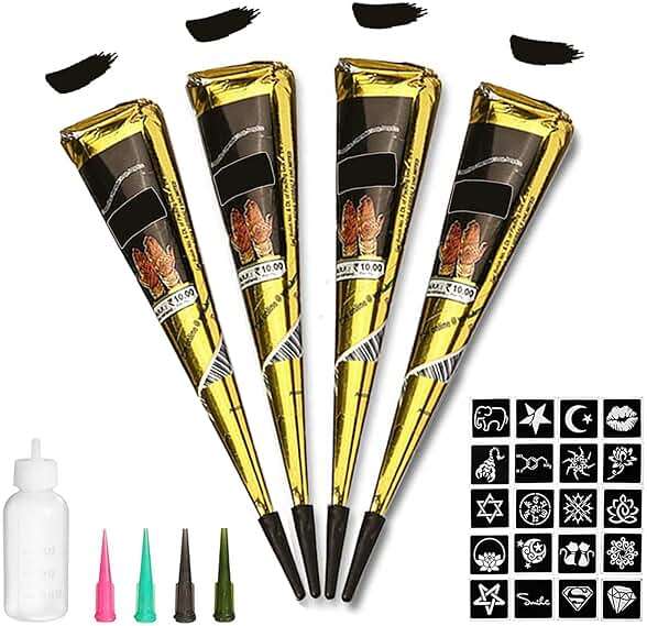 Temporary Tattoos Kit, 4Pcs Black Tattoo Paste Cones, 100% Natural Ready to Use Black Tattoo Paste, India Body DIY Art Painting for Women Men Teens with 20 Adhesive Stencils, 1 Bottle, 4Nozzles - Image 1
