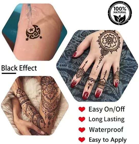 Temporary Tattoos Kit, 4Pcs Black Tattoo Paste Cones, 100% Natural Ready to Use Black Tattoo Paste, India Body DIY Art Painting for Women Men Teens with 20 Adhesive Stencils, 1 Bottle, 4Nozzles - Image 5