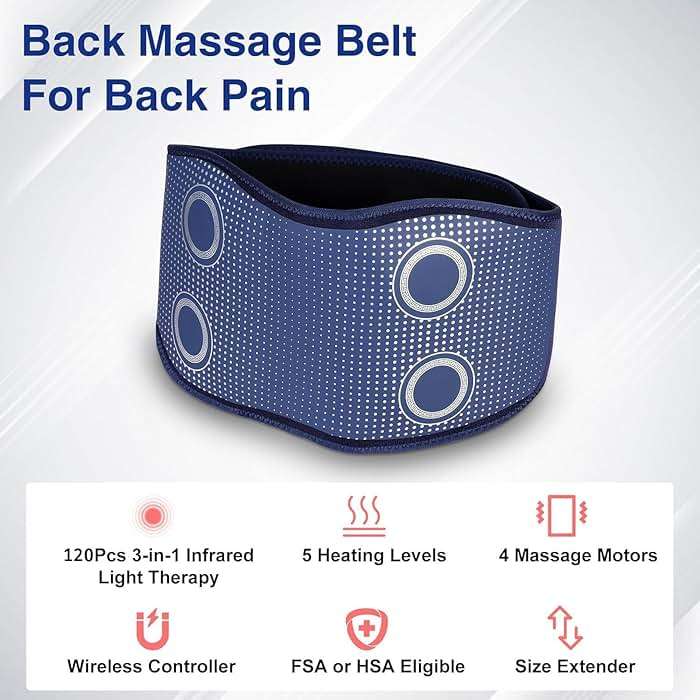 Cordless Back Massager Belt - FSA-HSA Eligible Red Light Therapy Massage Belt with 5 Heating Levels,3 Vibration Modes, Lower Back Massager for Pain Relief Deep Tissue,4 Motors,Battery-Powered (Blue) - Image 2