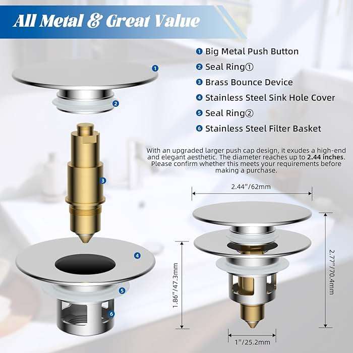 Hibbent All Metal 2 in 1 Bathroom Sink Stopper, Universal Pop Up Drain Strainer, Brass Bullet Core Push Type Sink Stopper for 1.1''~2.3'' Basin, Big Push Button, Anti Clogging Drain Filter, Chrome - Image 2