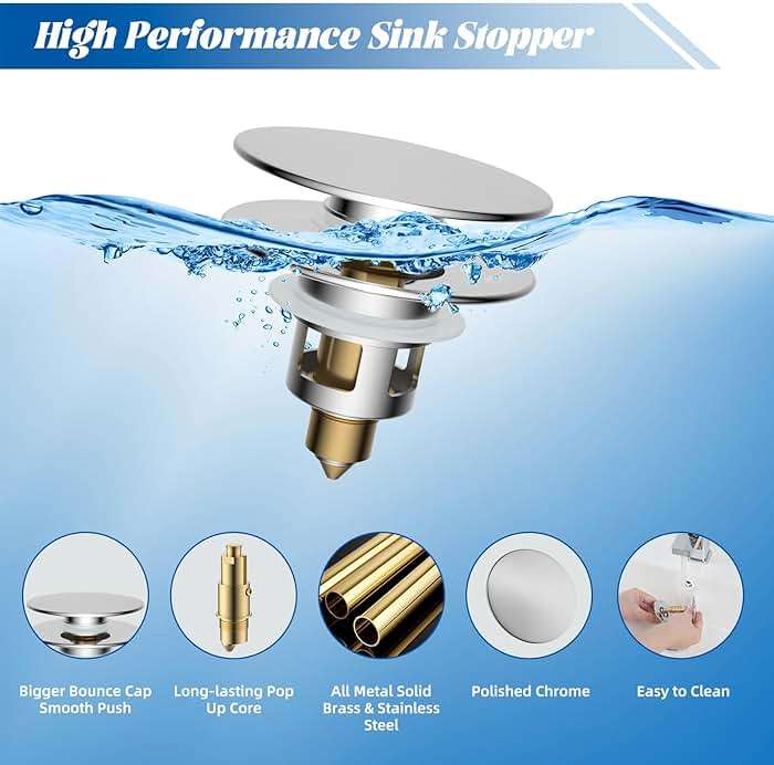 Hibbent All Metal 2 in 1 Bathroom Sink Stopper, Universal Pop Up Drain Strainer, Brass Bullet Core Push Type Sink Stopper for 1.1''~2.3'' Basin, Big Push Button, Anti Clogging Drain Filter, Chrome - Image 3