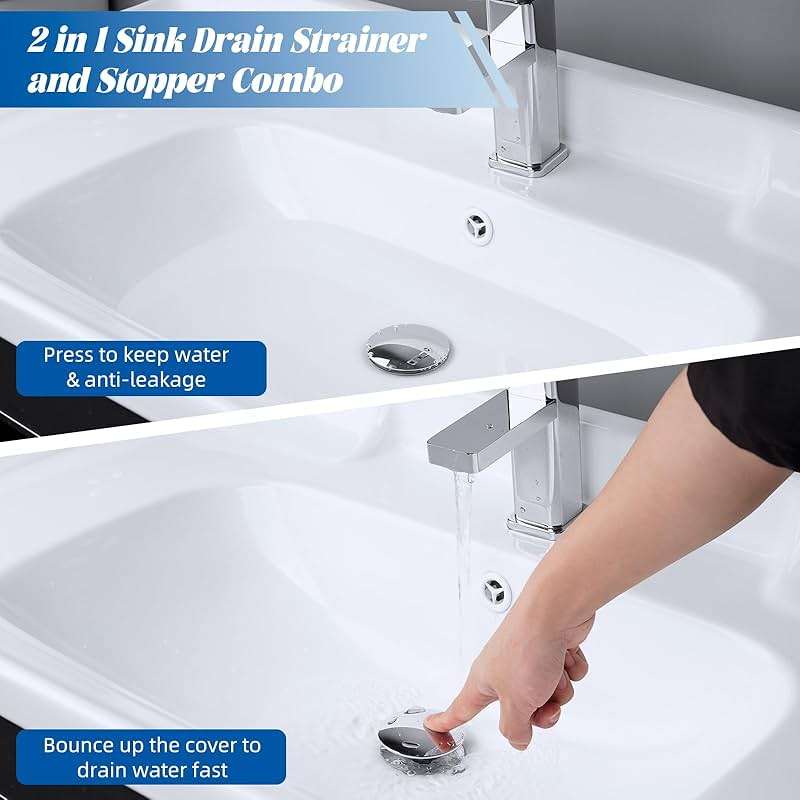 Hibbent All Metal 2 in 1 Bathroom Sink Stopper, Universal Pop Up Drain Strainer, Brass Bullet Core Push Type Sink Stopper for 1.1''~2.3'' Basin, Big Push Button, Anti Clogging Drain Filter, Chrome - Image 4