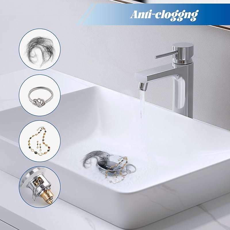 Hibbent All Metal 2 in 1 Bathroom Sink Stopper, Universal Pop Up Drain Strainer, Brass Bullet Core Push Type Sink Stopper for 1.1''~2.3'' Basin, Big Push Button, Anti Clogging Drain Filter, Chrome - Image 5