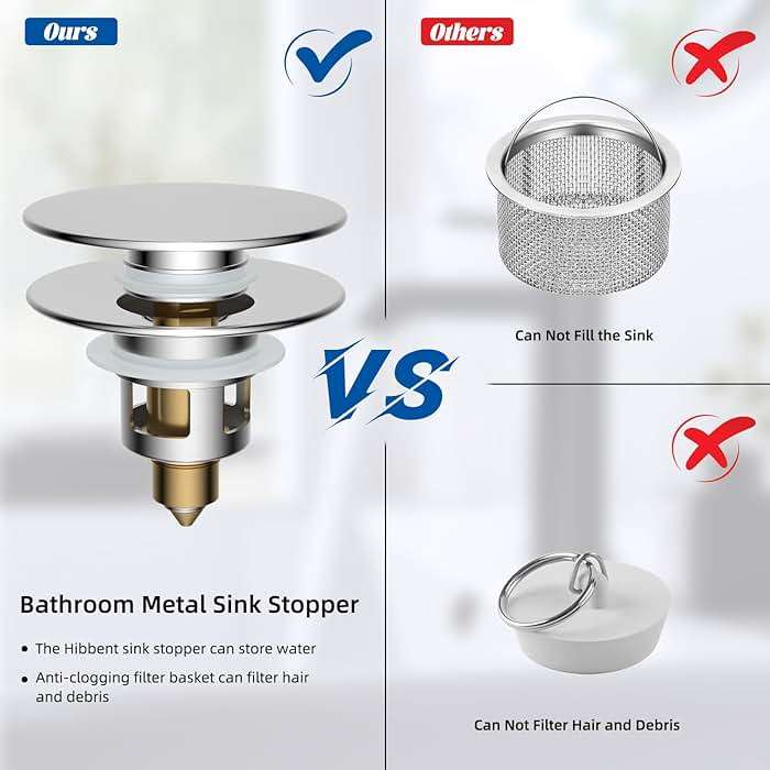 Hibbent All Metal 2 in 1 Bathroom Sink Stopper, Universal Pop Up Drain Strainer, Brass Bullet Core Push Type Sink Stopper for 1.1''~2.3'' Basin, Big Push Button, Anti Clogging Drain Filter, Chrome - Image 6
