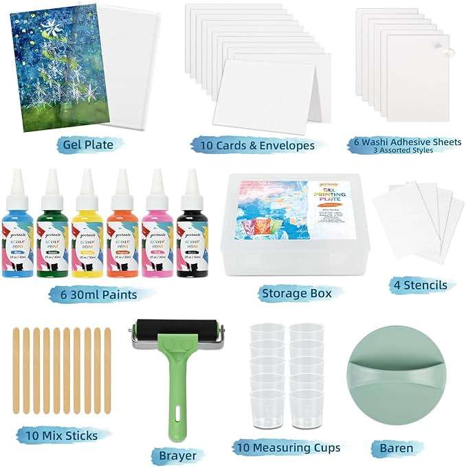 Gel Printing Plate Kits with Paints, Brayer, Baren, Stencils, Washi Stickers, Mixing Cups, Sticks , Blank Cards And Envelopes Storage Case 5X7 Gel Plate for Printmaking Supplies for Art And Crafts - Image 3