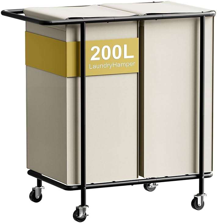 Chrislley Double Laundry Hamper with Wheels,200L Rolling Laundry Basket 2 Section with Lid,Steel Frame Laundry Cart with Handle and Removable Bags,Dirty Clothes Hamper for Laundry Room,Dorm,Beige - Image 1