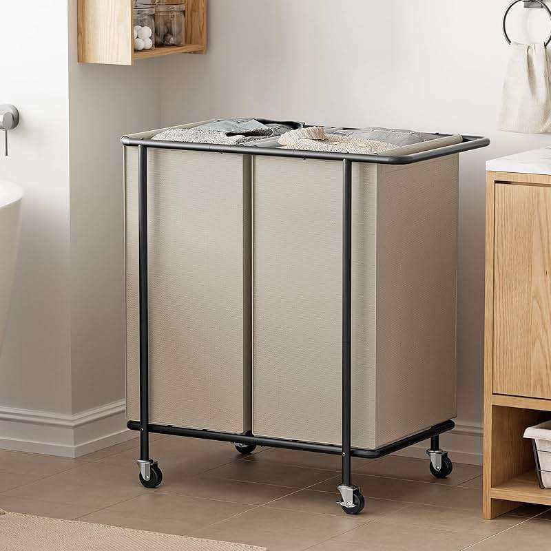 Chrislley Double Laundry Hamper with Wheels,200L Rolling Laundry Basket 2 Section with Lid,Steel Frame Laundry Cart with Handle and Removable Bags,Dirty Clothes Hamper for Laundry Room,Dorm,Beige - Image 2