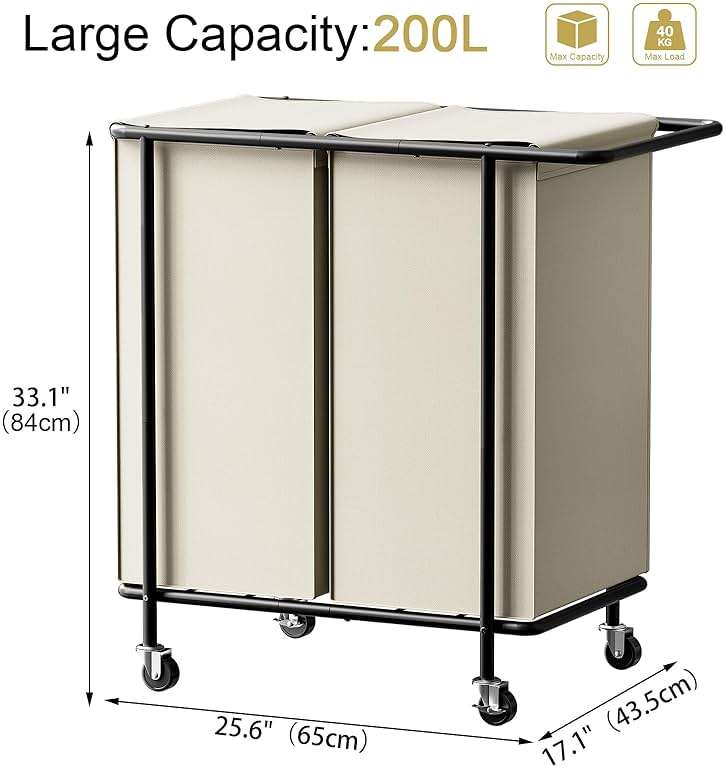 Chrislley Double Laundry Hamper with Wheels,200L Rolling Laundry Basket 2 Section with Lid,Steel Frame Laundry Cart with Handle and Removable Bags,Dirty Clothes Hamper for Laundry Room,Dorm,Beige - Image 3